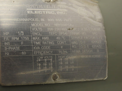 Sterling Electric NBY034FCA AC Motor .33Hp 1750 RPM 208-230/460V 3PH 56C TEFC