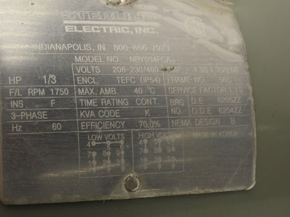 Sterling Electric NBY034FCA AC Motor .33Hp 1750 RPM 208-230/460V 3PH 56C TEFC