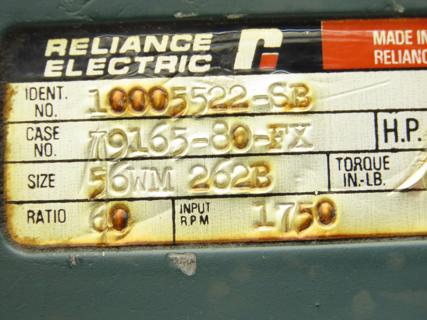 Reliance Electric 10005522-SB Gearbox 60:1 Reducer 29 RPM .5Hp RH 56C-Face