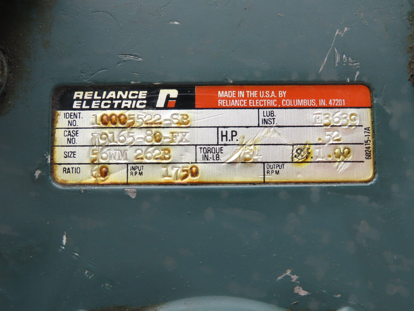 Reliance Electric 10005522-SB Gearbox 60:1 Reducer 29 RPM .5Hp RH 56C-Face