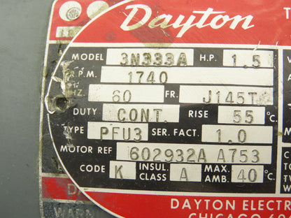Dayton LR-31113 3N333A AC Motor 1.5HP 1740RPM 230/460V 145TC