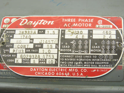 Dayton LR-31113 3N333A AC Motor 1.5HP 1740RPM 230/460V 145TC