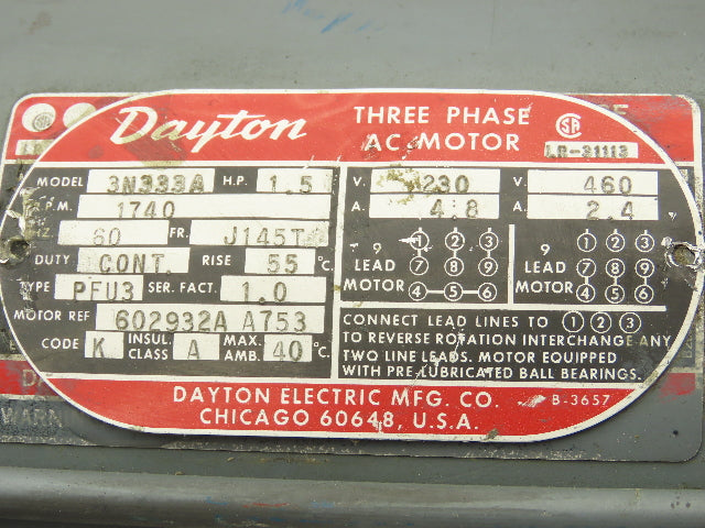 Dayton LR-31113 3N333A AC Motor 1.5HP 1740RPM 230/460V 145TC