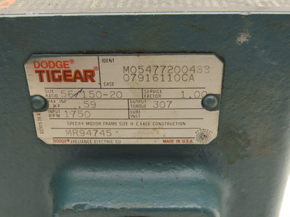 Dodge Tigear 56/150-20 Gearbox 20:1 Reducer 87.5 RPM .59HP LH 56C 307 in-lb