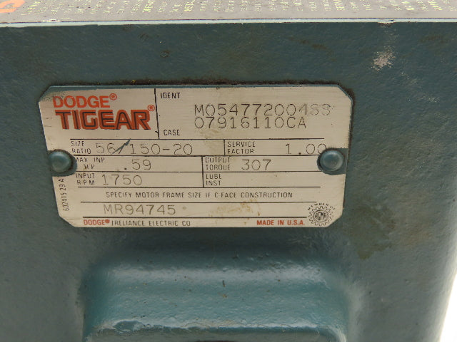 Dodge Tigear 56/150-20 Gearbox 20:1 Reducer 87.5 RPM .59HP LH 56C 307 in-lb