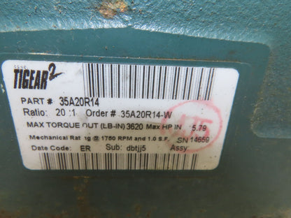 Dodge Tigear 2 35A20R14 Gearbox 20:1 Reducer 87rpm 5.8Hp RH 143/145TC 3620 Lb-In