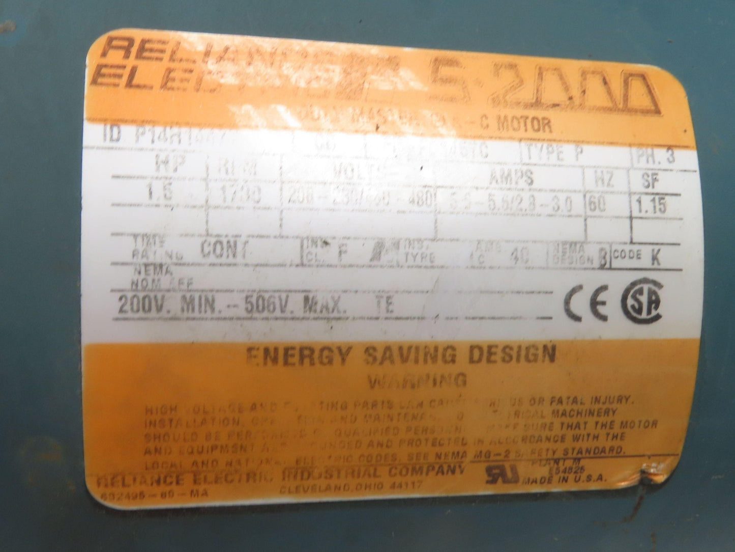 Dodge Reliance Q262B015M140L1 15:1 Gearmotor 116 RPM 1.5Hp 230/460V 3PH RH 145TC