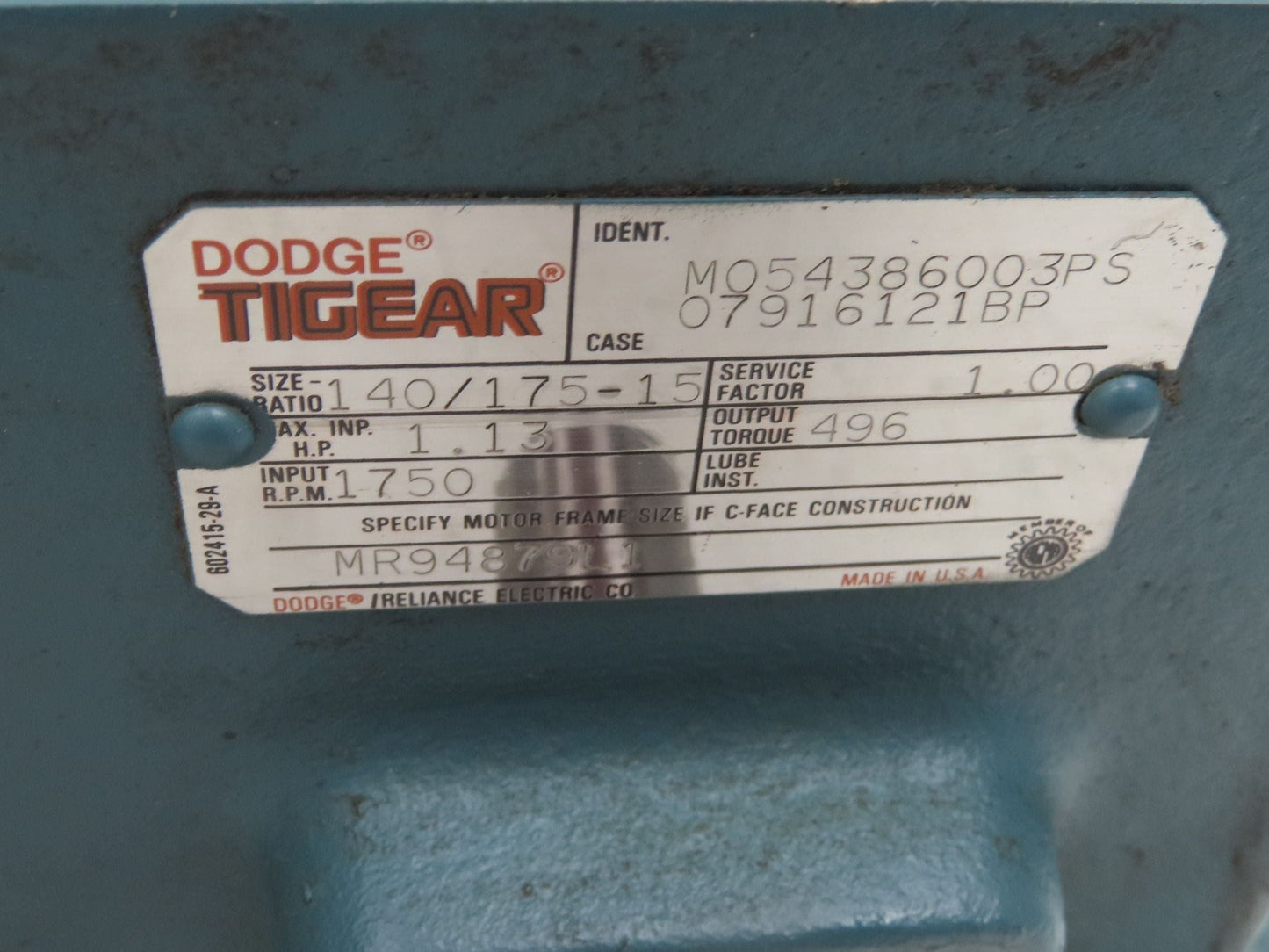 Dodge Tigear M054386003PS 15:1 Gearmotor 115 RPM 1Hp 230/460V 3PH RH 143TC