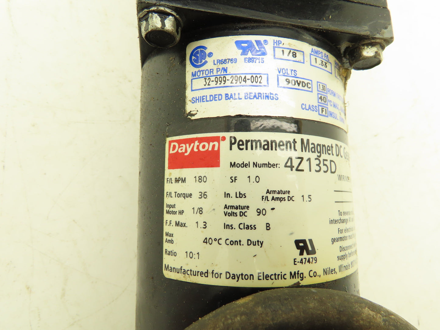 Dayton 4Z135D Permanent Magnet 90V DC Gear Motor 180RPM 10:1 Reducer