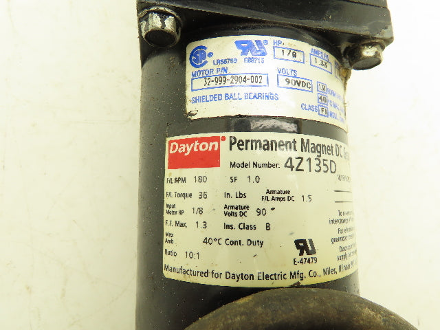 Dayton 4Z135D Permanent Magnet 90V DC Gear Motor 180RPM 10:1 Reducer