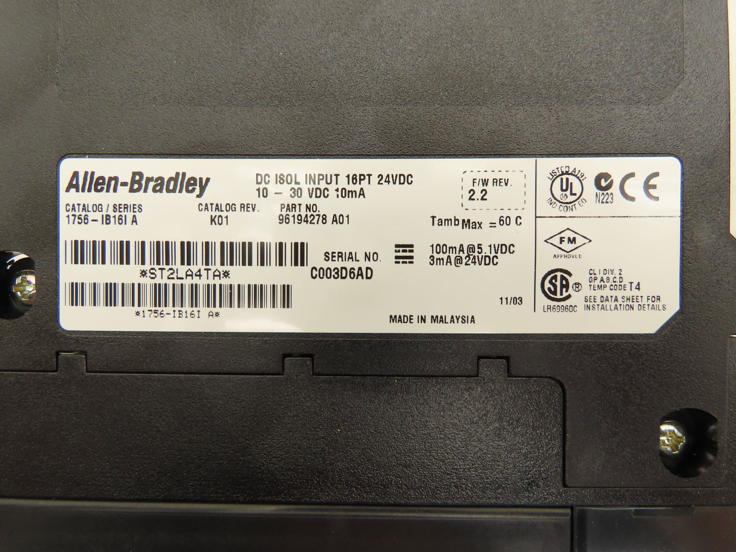 Allen Bradley 1756-IB16I DC Isolated Input 16PT 24VDC Firmware 2.2 Lot of 2