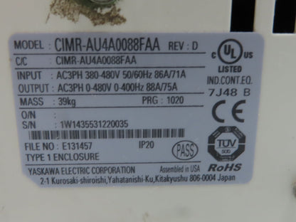 Yaskawa CIMR-AU4A0088FAA AC Drive 60HP 380-480V 3PH In 0-480VAC 0-400Hz 88A Out