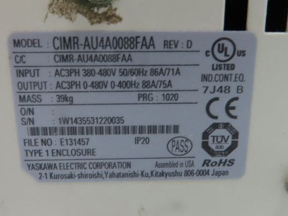 Yaskawa CIMR-AU4A0088FAA AC Drive 60HP 380-480V 3PH In 0-480VAC 0-400Hz 88A Out