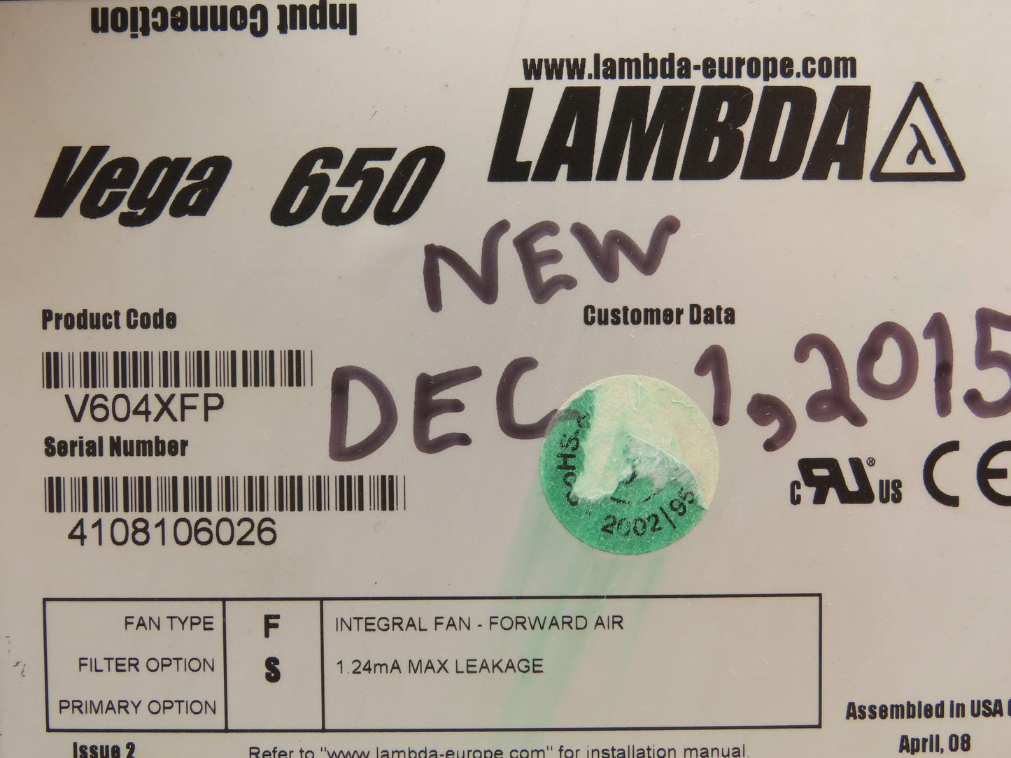 Lambda V604XFP TDK Vega 650 Power Supply 48VDC 20A Output 100-240V Input