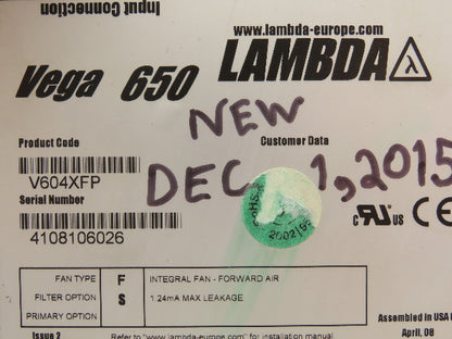 Lambda V604XFP TDK Vega 650 Power Supply 48VDC 20A Output 100-240V Input