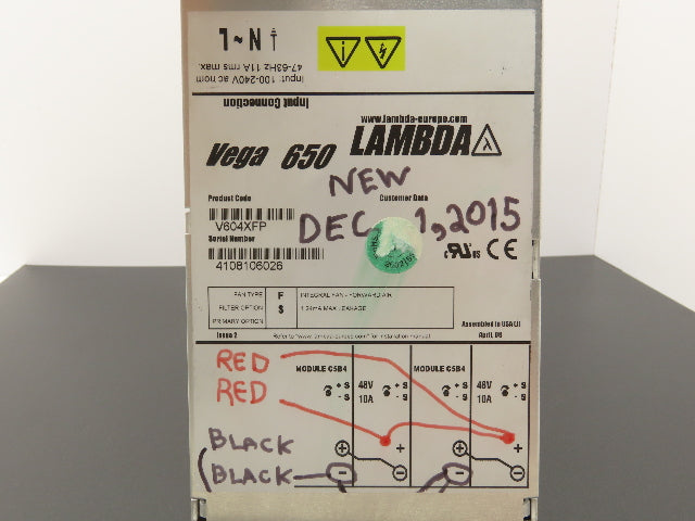 Lambda V604XFP TDK Vega 650 Power Supply 48VDC 20A Output 100-240V Input