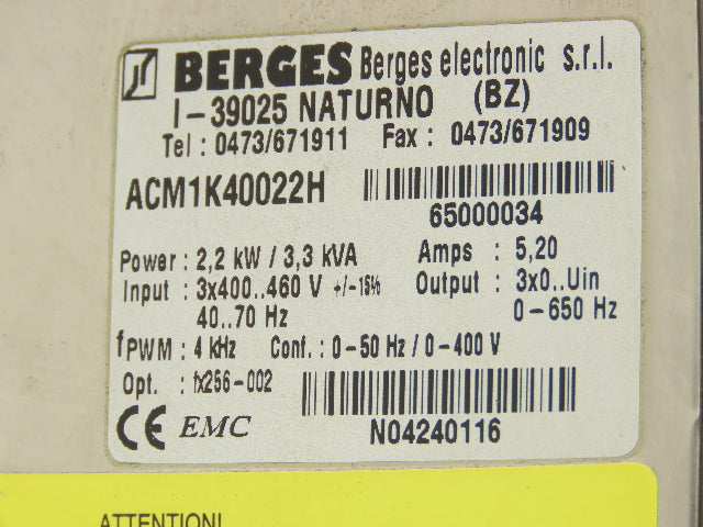 Berges ACM1K40022H Variable Frequency Drive 460VAC 3PH In 0-650Hz 5.2A 2.2kW Out