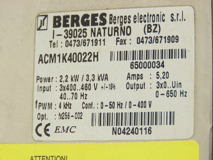 Berges ACM1K40022H Variable Frequency Drive 460VAC 3PH In 0-650Hz 5.2A 2.2kW Out