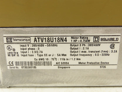 Square D Telemecanique ATV18U18N4 Variable AC Drive VFD 1Hp 460V 3PH Lot of 6