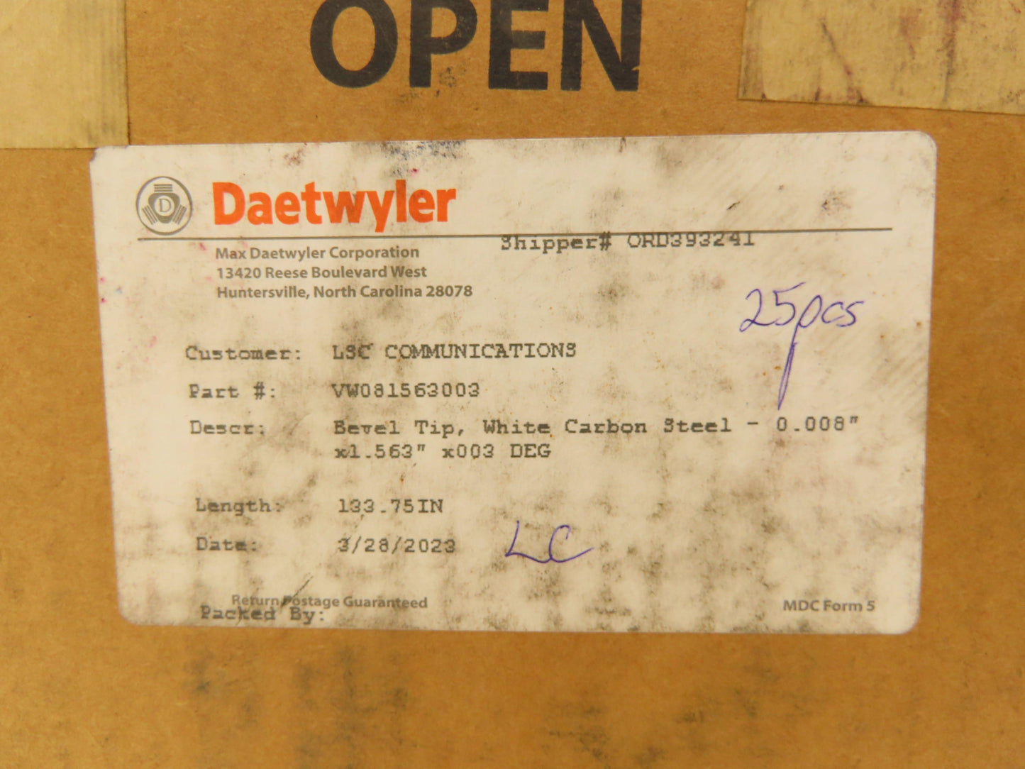 Daetwyler MDC Doctor Blade .008" x 1.563"W x 133.75"L Carbon Steel Bevel Tip