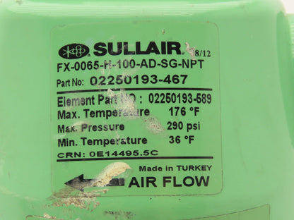 Sullair FX-0065-H-100-AD-SG-NPT Inline Compressed Air Filter 1" NPT 290PSI