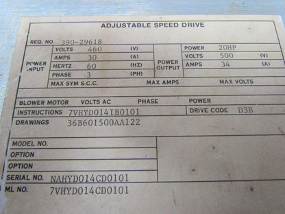 GE General Electric 390-29618 Adjustable Speed drive 20HP 500V 34A 3 phase AC