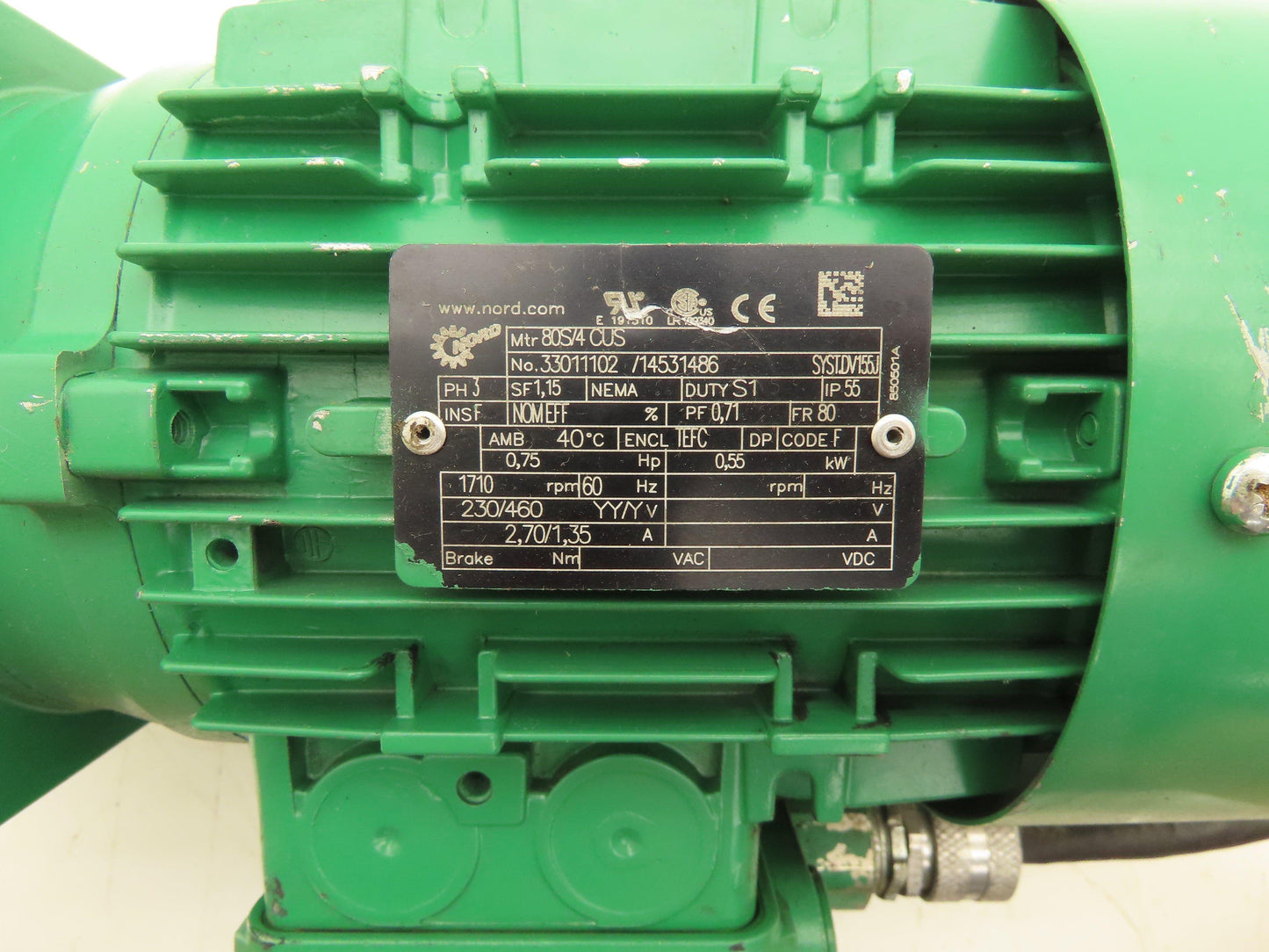 Nord SK 172.1F-80S/4 Inline Gearmotor 7.83:1 Reducer 218 RPM .75Hp 230/460V 3PH