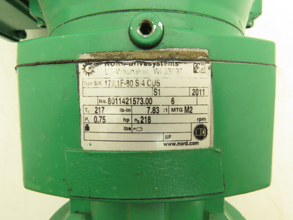 Nord SK 172.1F-80S/4 Inline Gearmotor 7.83:1 Reducer 218 RPM .75Hp 230/460V 3PH