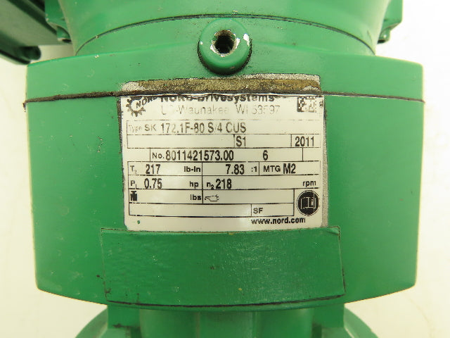 Nord SK 172.1F-80S/4 Inline Gearmotor 7.83:1 Reducer 218 RPM .75Hp 230/460V 3PH