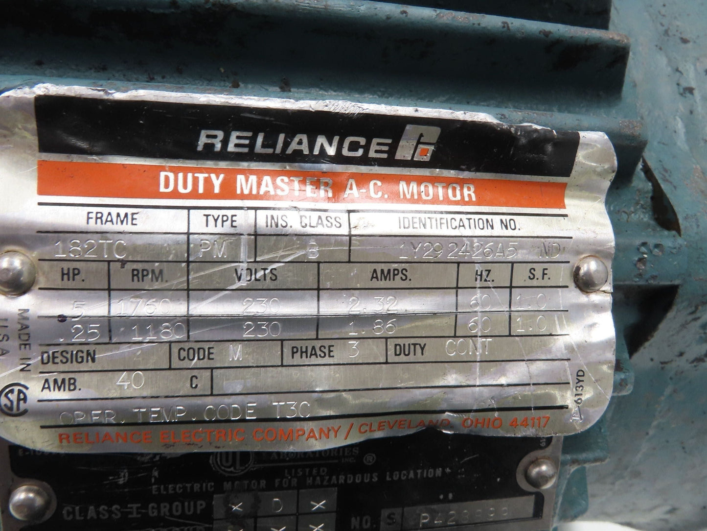 Reliance Duty Master AC Motor 2-Speed 1/2Hp 1760/1180 RPM 230V 3PH 182TC