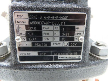 Grundfos CRN3-6 A-P-G-E-HQQE Vertical Centrifugal Pump 1.25" 15 GPM 1Hp 460V 3PH