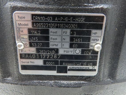 Grundfos CRN10-03 A-P-G-E-HQQE Vertical Centrifugal Pump 2" 56 GPM 3Hp 460V 3PH