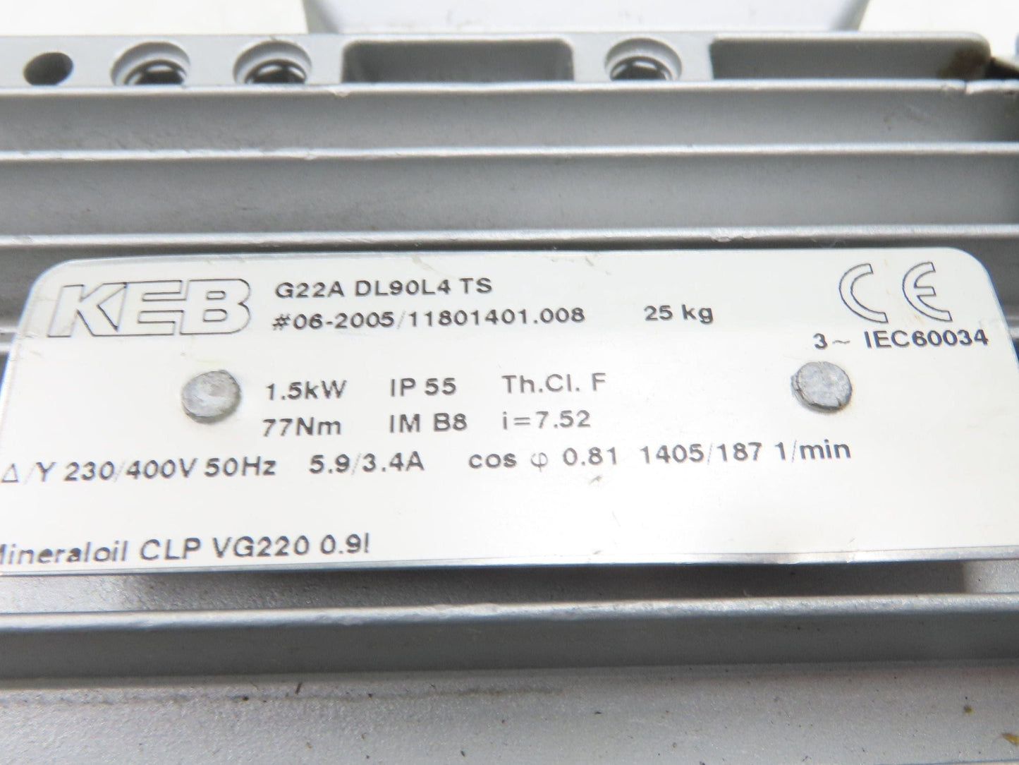 KEB G22A DL90L4 TS Inline Gearmotor 7.5:1 Reducer 187 RPM 1.5kw 230/400V 50hz