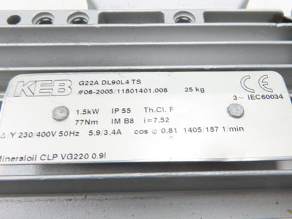 KEB G22A DL90L4 TS Inline Gearmotor 7.5:1 Reducer 187 RPM 1.5kw 230/400V 50hz