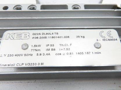 KEB G22A DL90L4 TS Inline Gearmotor 7.5:1 Reducer 187 RPM 1.5kw 230/400V 50hz