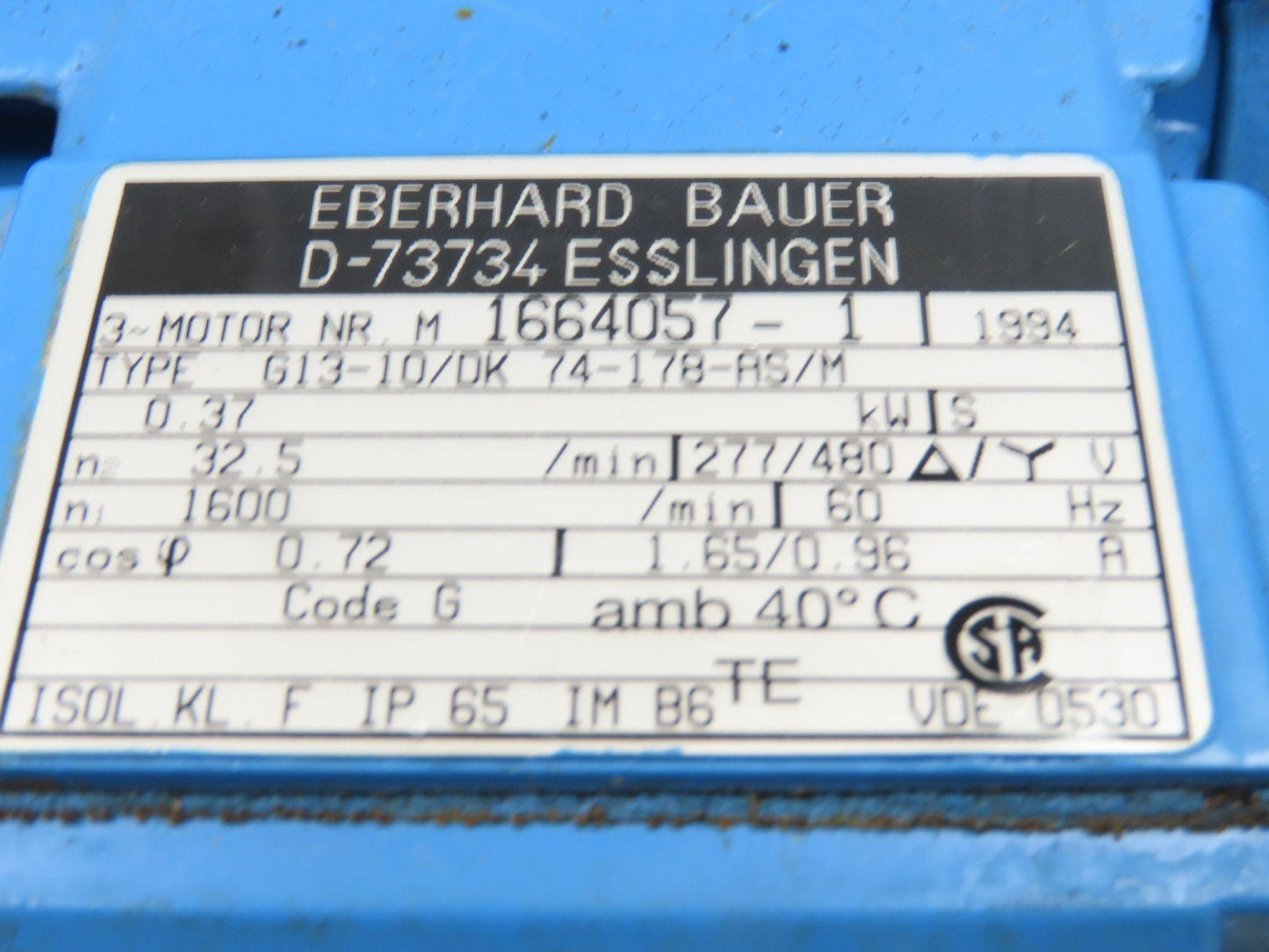Eberhard Bauer G13-10/DK 74-178-AS/M Inline Gearmotor w/Brake 32rpm 277/480V 3PH