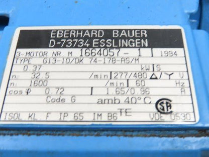 Eberhard Bauer G13-10/DK 74-178-AS/M Inline Gearmotor w/Brake 32rpm 277/480V 3PH