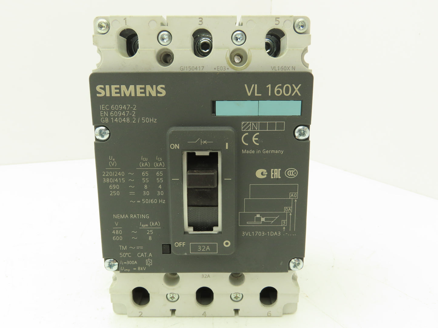 Siemens VL 160X 3VL1703-1DA33-0AA0 Circuit Breaker 3-Pole 3PH 32A 690VAC 250VDC