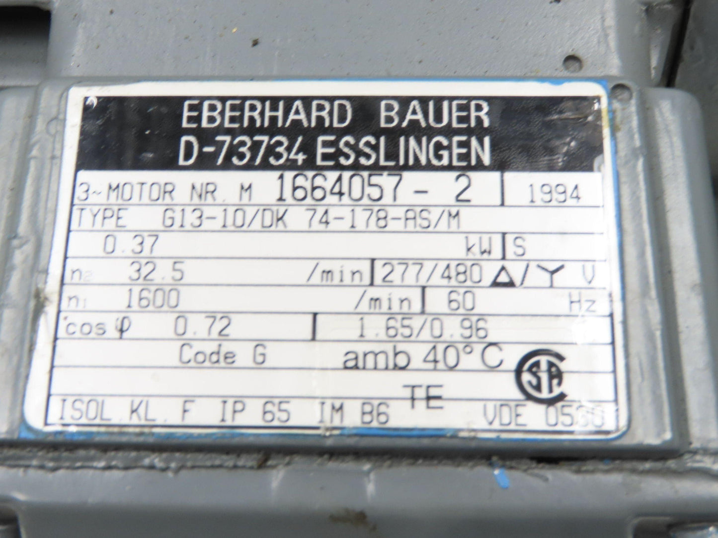 Eberhard Bauer G13-10/DK 74-178-AS/M Inline Gearmotor w/Brake 32rpm 277/480V 3PH