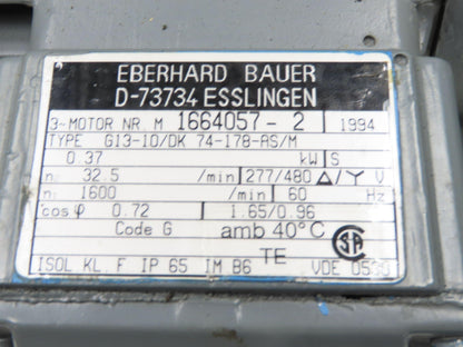 Eberhard Bauer G13-10/DK 74-178-AS/M Inline Gearmotor w/Brake 32rpm 277/480V 3PH