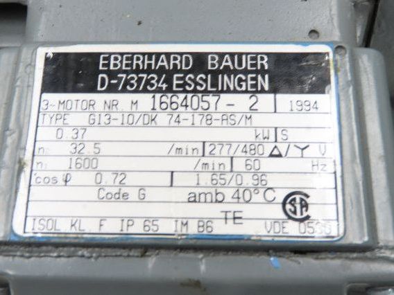 Eberhard Bauer G13-10/DK 74-178-AS/M Inline Gearmotor w/Brake 32rpm 277/480V 3PH