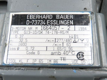 Eberhard Bauer G13-10/DK 74-178-AS/M Inline Gearmotor w/Brake 32rpm 277/480V 3PH