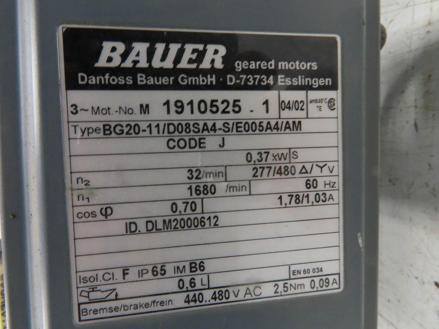 Bauer BG20-11/D08SA4-S/E005A4/AM Inline Gearmotor w/Brake 32rpm 277/480V 3PH