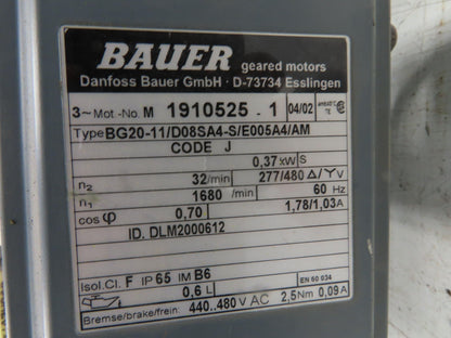 Bauer BG20-11/D08SA4-S/E005A4/AM Inline Gearmotor w/Brake 32rpm 277/480V 3PH