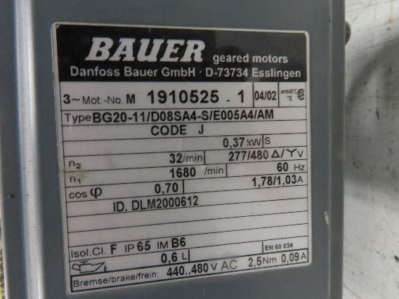 Bauer BG20-11/D08SA4-S/E005A4/AM Inline Gearmotor w/Brake 32rpm 277/480V 3PH