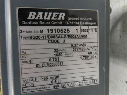 Bauer BG20-11/D08SA4-S/E005A4/AM Inline Gearmotor w/Brake 32rpm 277/480V 3PH