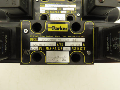 Parker D1VW Hydraulic Directional Solenoid Valves 3-Station Manifold 115V