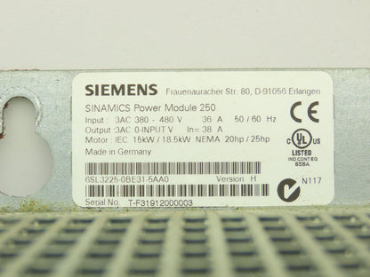 Siemens 6SL3225-0BE31-5AA0 Sinamics AC Drive 480V 25HP 18.5kW 36A