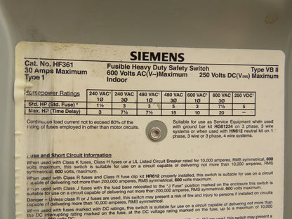 Siemens Fusible Heavy Duty Safety Disconnect Switch 30A 600VAC 3 Pole