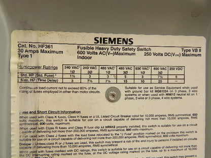 Siemens Fusible Heavy Duty Safety Disconnect Switch 30A 600VAC 3 Pole